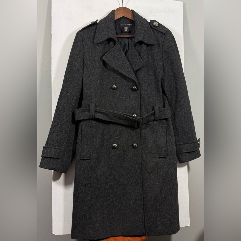 Women’s Size 10 Double-Breasted Belted Trench Charcoal Black Coat. - Picture 2 of 7